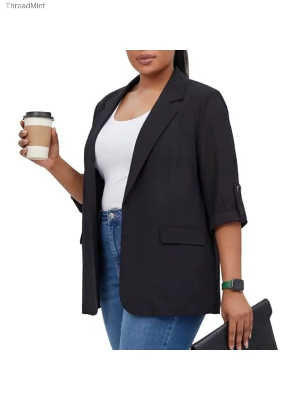 Plus Size Relaxed Fit Blazer with Ruched 3/4 Sleeves
